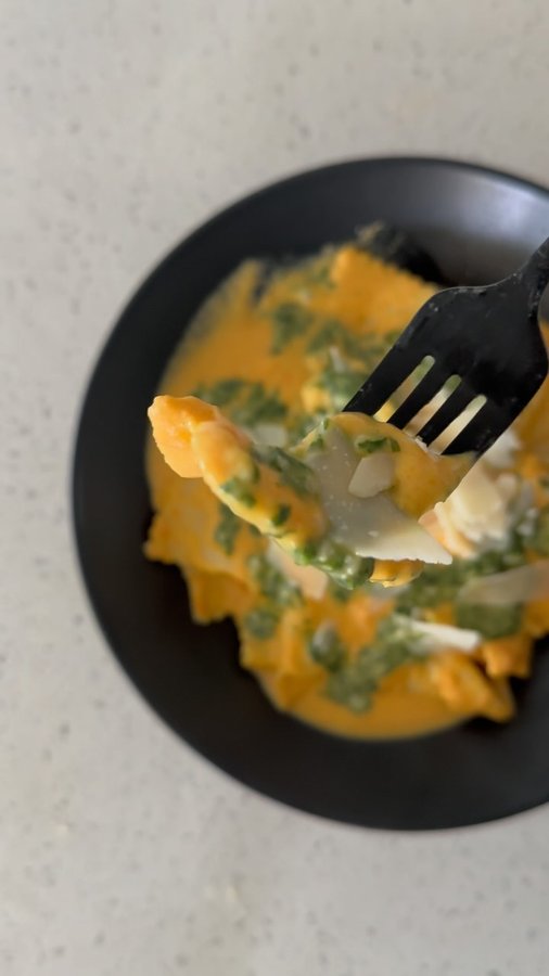 Instagram post by @what.the.forkkkk for Anolon. Caption reads: CARROT GINGER PASTA SAUCE

#ad I know. Another....