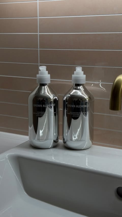 Instagram post by @riisepeters for Grown Alchemist. Caption reads: a chrome hand care set designed to be gifted....