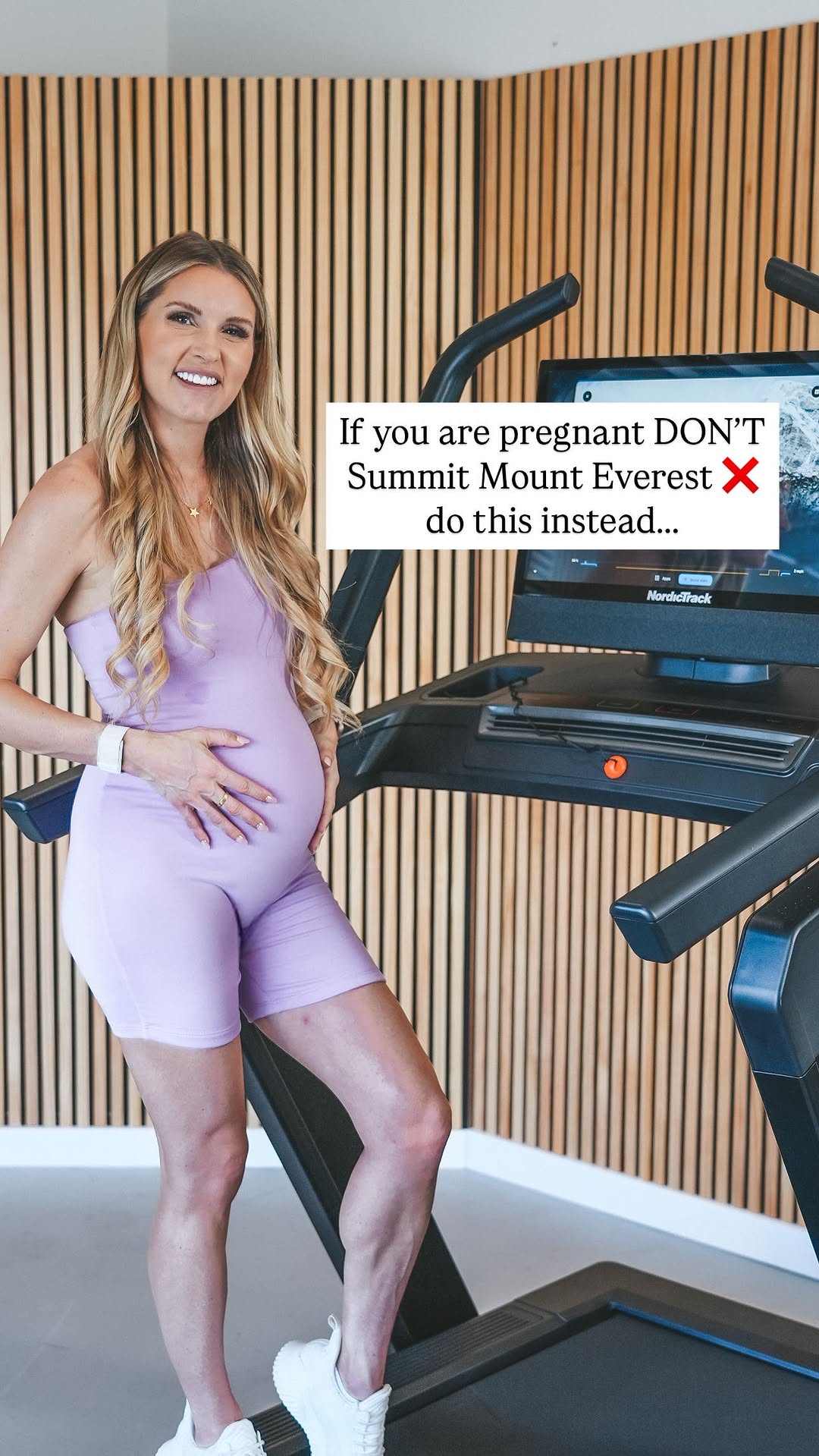 Instagram post by @rebeccalouisefitness for NordicTrack. Caption reads: I have a new mountain to conquer, becoming a mom!....