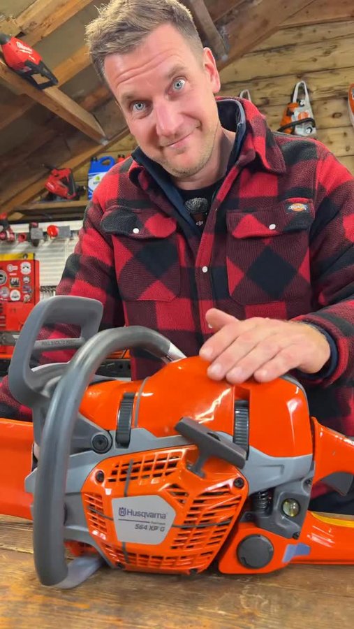 Instagram post by @machinery_nation for Husqvarna. Caption reads: Husqvarna 564XP fuel injection chainsaw content....