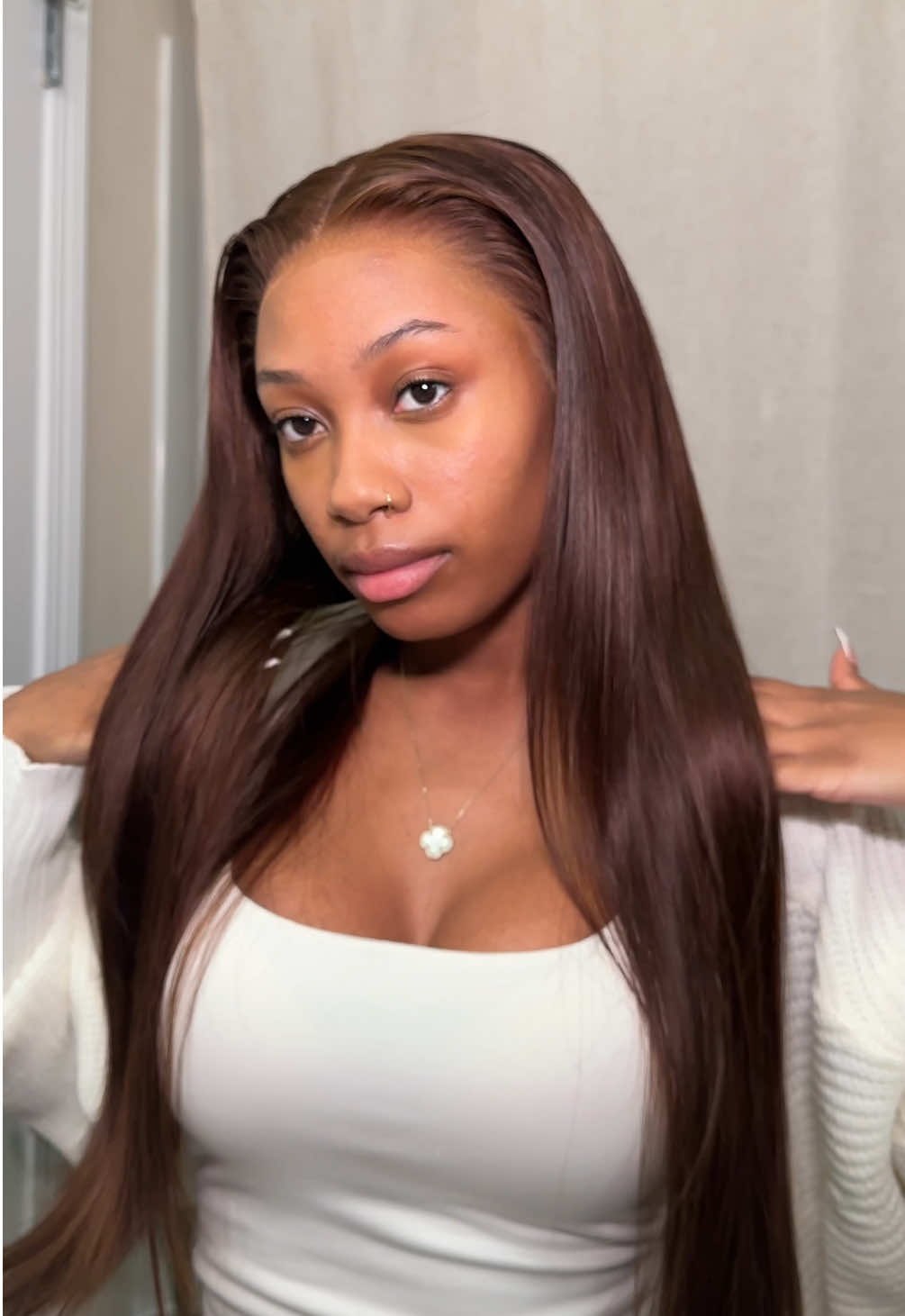 TikTok post by @realprettynu for Megalook. Caption reads: This chocolate brown wig🍫 from @Megalookhair shop....
