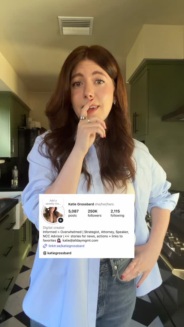 Instagram post by @katiegrossbard for Feeding America. Caption reads: 🥹🥹🥹 just a girl, looking at her phone, saying....