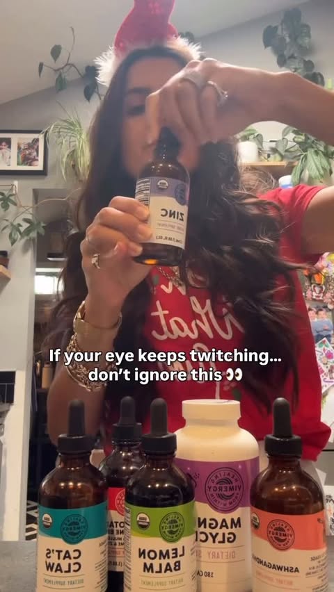 Instagram post by @healingfromtheinsidenout for Vimergy. Caption reads: Eye twitching is often brushed off as “nothing,”....