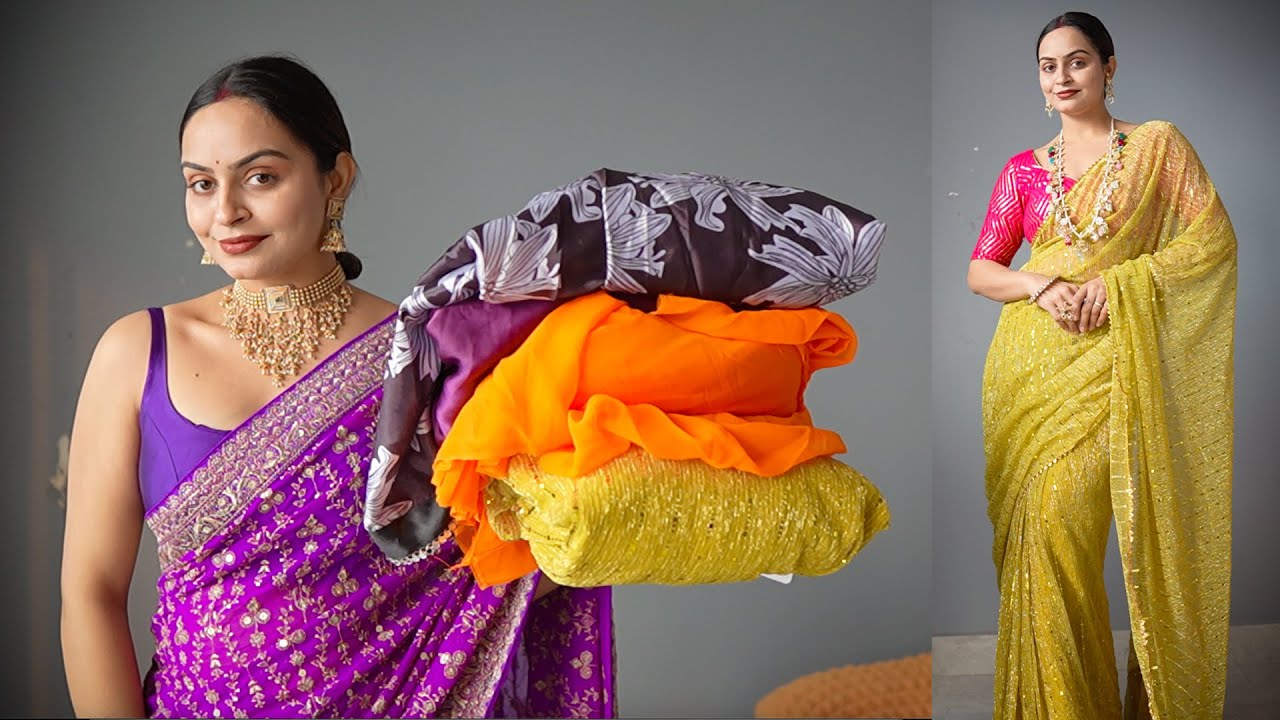 YouTube post by @SimranNikky for Wishlink. Caption reads: Ready To Wear Saree for Wedding Functions.