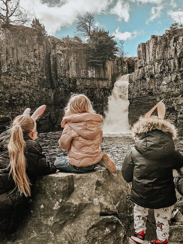 Instagram post by @sophia_and_williams_world for VisitEngland. Caption reads: 🐰 HIGHFORCE & RABY CASTLE🐰 Ad . Easter adventure....