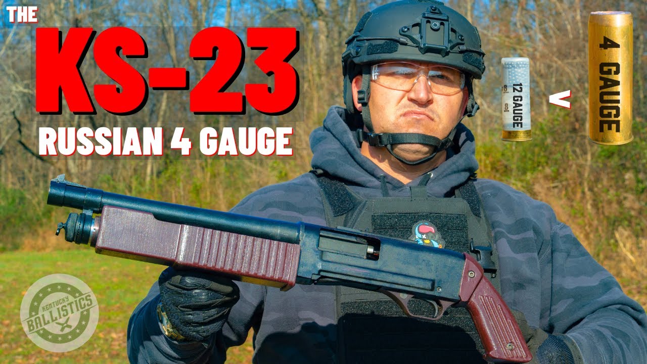 YouTube post by @KentuckyBallistics for Equip Foods. Caption reads: The KS-23 Russian 4 GAUGE Shotgun !!!.