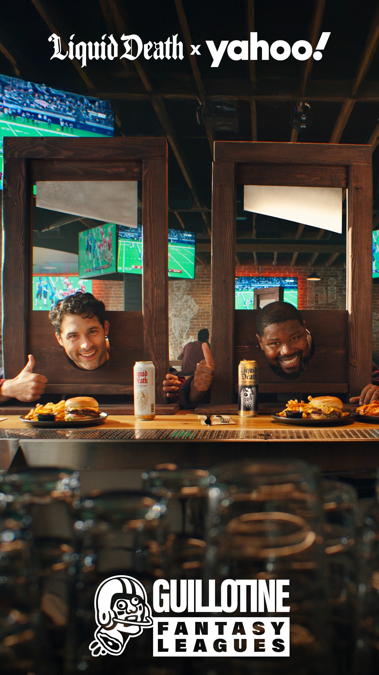 Instagram post by @yahoofantasy for Liquid Death. Caption reads: [...] Guillotine Leagues, presented by....