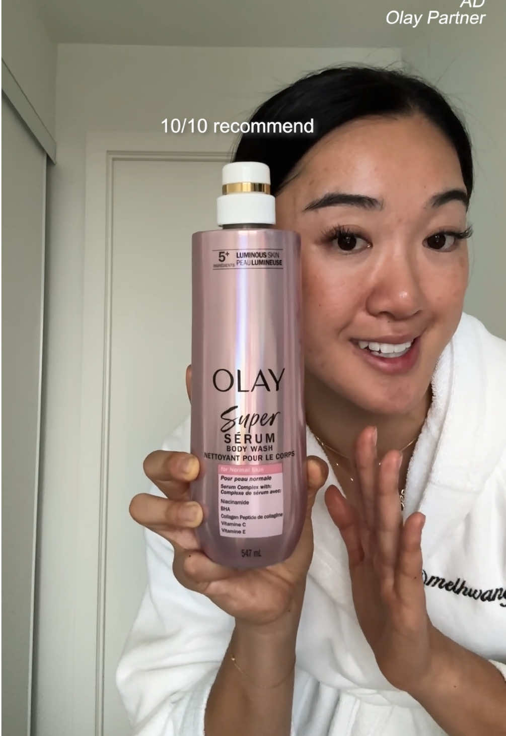 TikTok post by @melhwang for OLAY. Caption reads: #ad the results from @Olay Skin Care’s NEW Super....