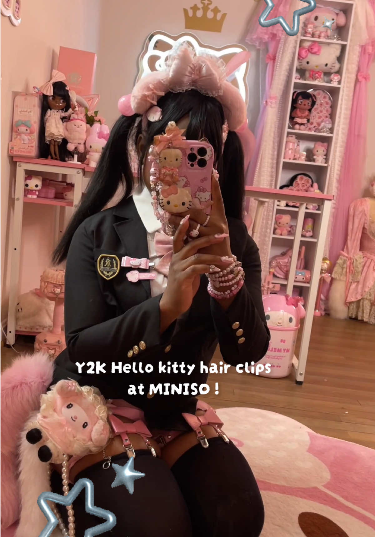 TikTok post by @pinkprotein for MINISO United States. Caption reads: y2k Denim Hello kitty Hairclips 🩶@MINISO United....