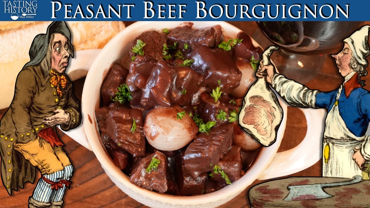 YouTube post by @TastingHistory for Thrive Market. Caption reads: Beef Bourguignon for the French Peasants from 1885.