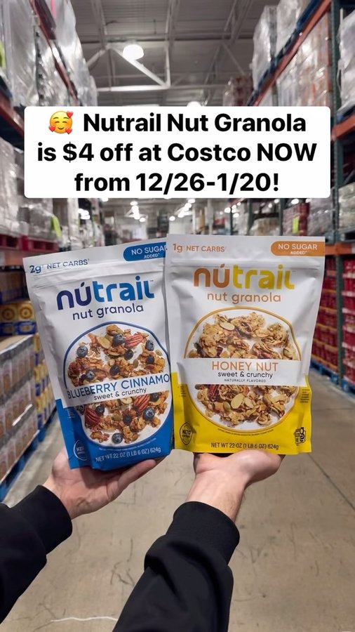 Instagram post by @costcobuys for nūtrail. Caption reads: 🎉NEW Giveaway🎉 🥰 @Nutrail Nut Granola is $4 off....