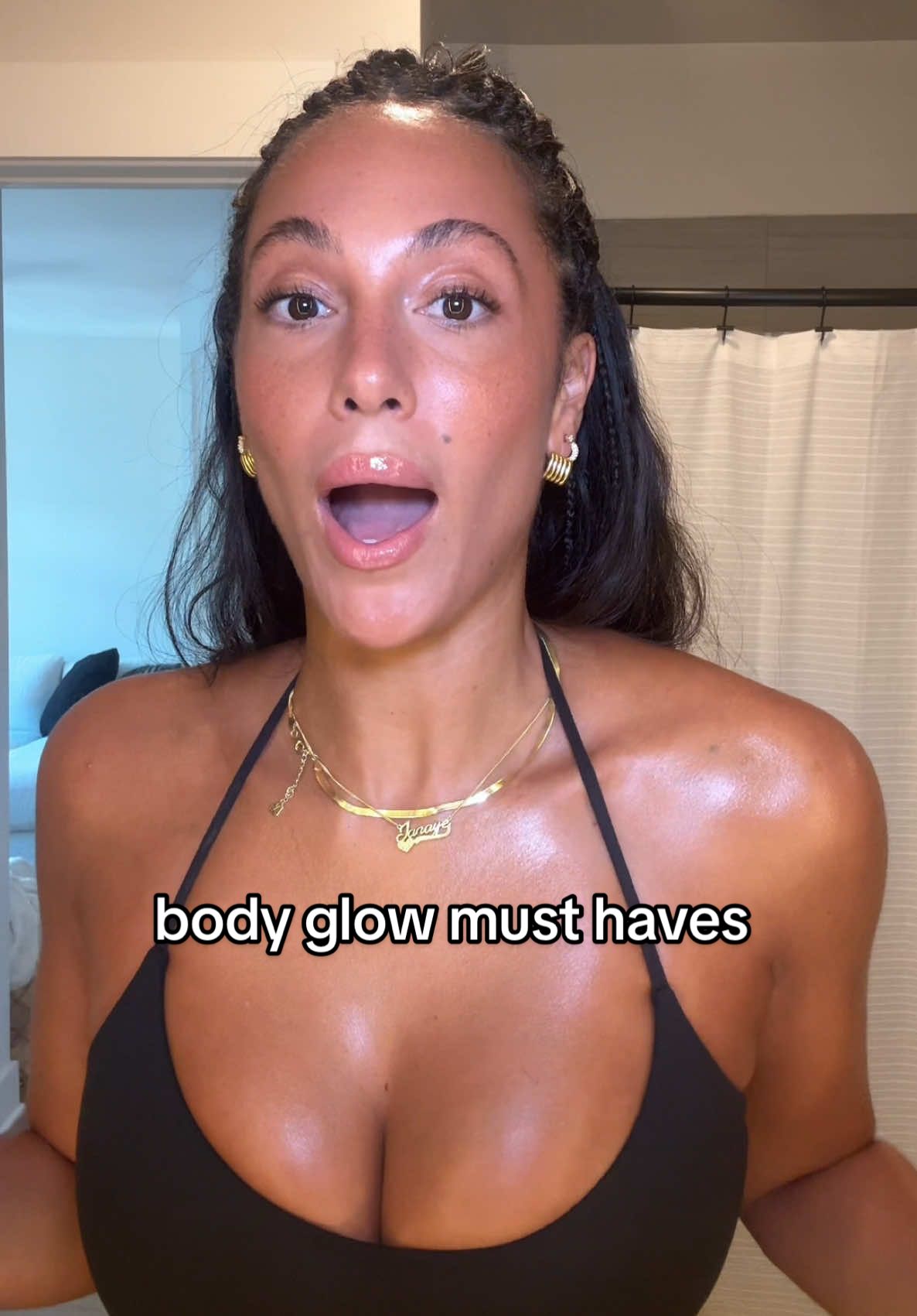 TikTok post by @janayerobinson for Patrick Ta. Caption reads: [...] for a night out #bodyoil #bodyglow....