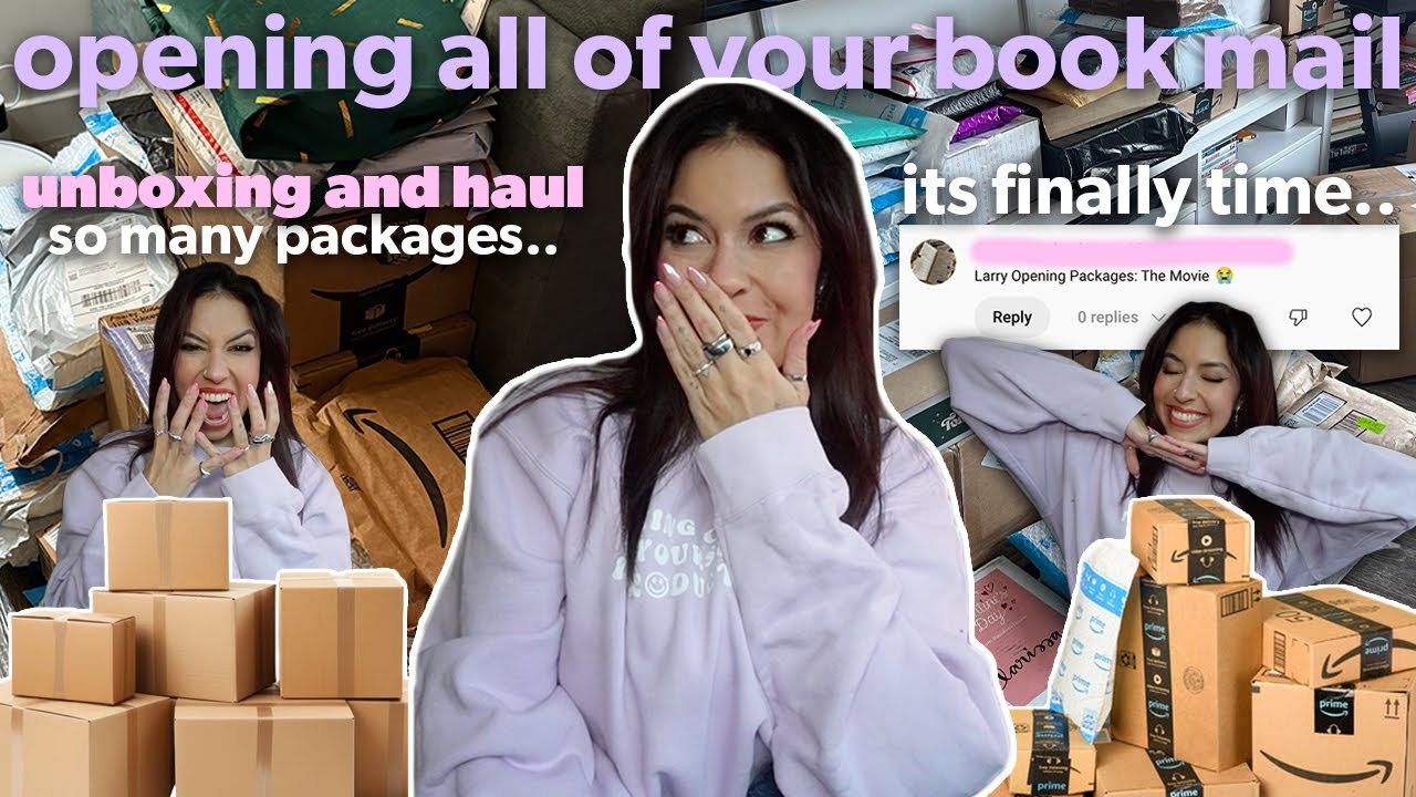 YouTube post by @LarryReads for Goodreads. Caption reads: LETS OPEN BOOK MAIL TOGETHER!! 📦📬💌.