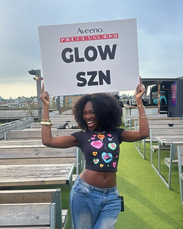 Instagram post by @itsurgrlaisha_ for Aveeno. Caption reads: summer is almost here… 👀🤭✨ @rec.ess x....
