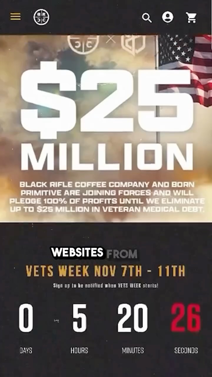 Instagram post by @bornprimitiveoutdoor for Black Rifle Coffee. Caption reads: Operation Debt of Gratitude is live now! Go to....