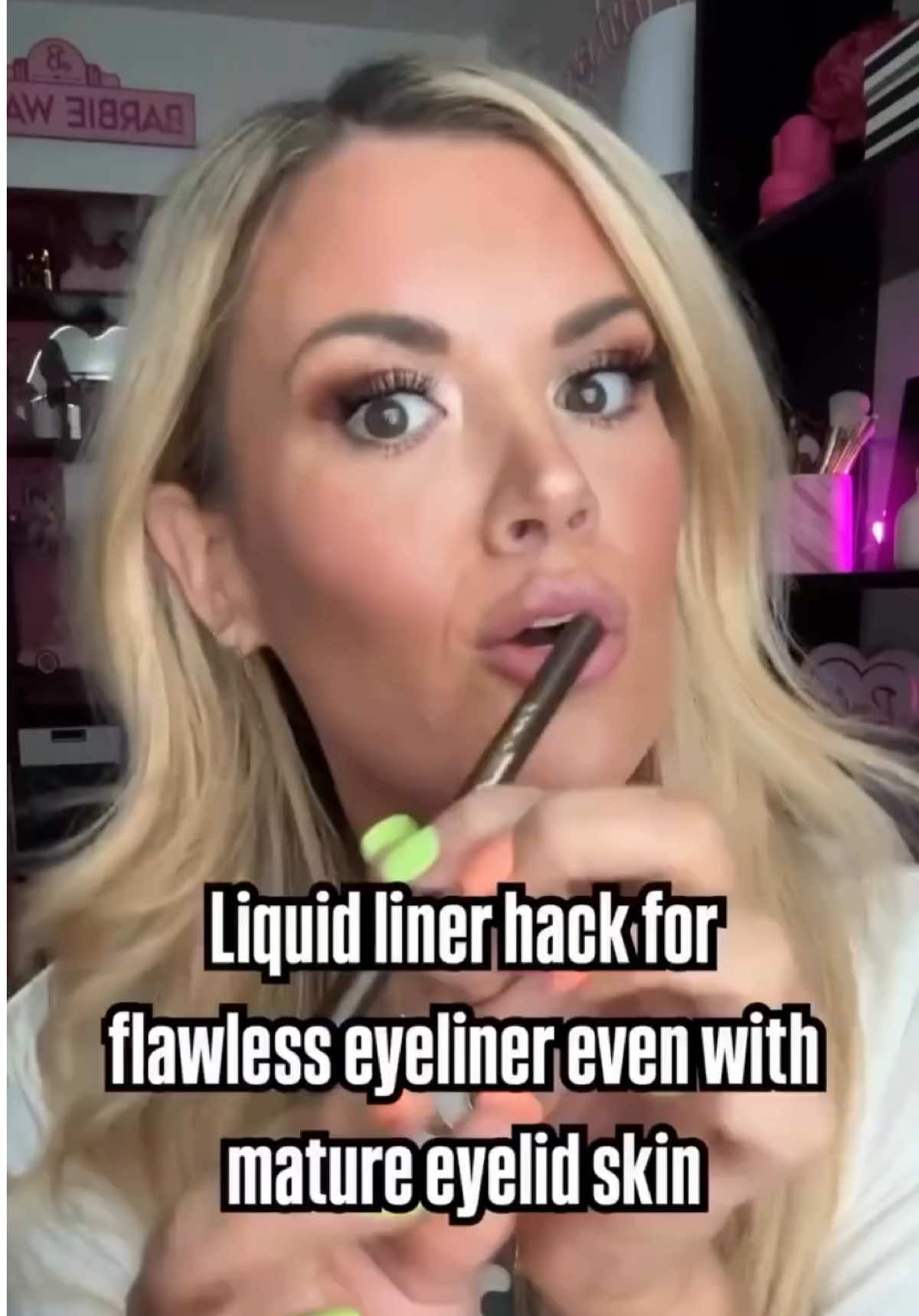 TikTok post by @freedom_barbie for Stilacosmetics. Caption reads: 🛒 Get the BEST eyeliner line you’ve ever had!!!....