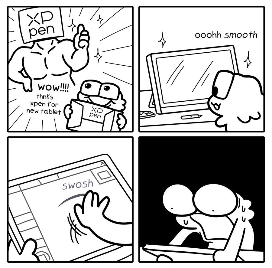 Instagram post by @mhuyocomics for XPPen. Caption reads: I GOT SENT A NEW TABLET AND I DIDN’T KNEW IT HAS....