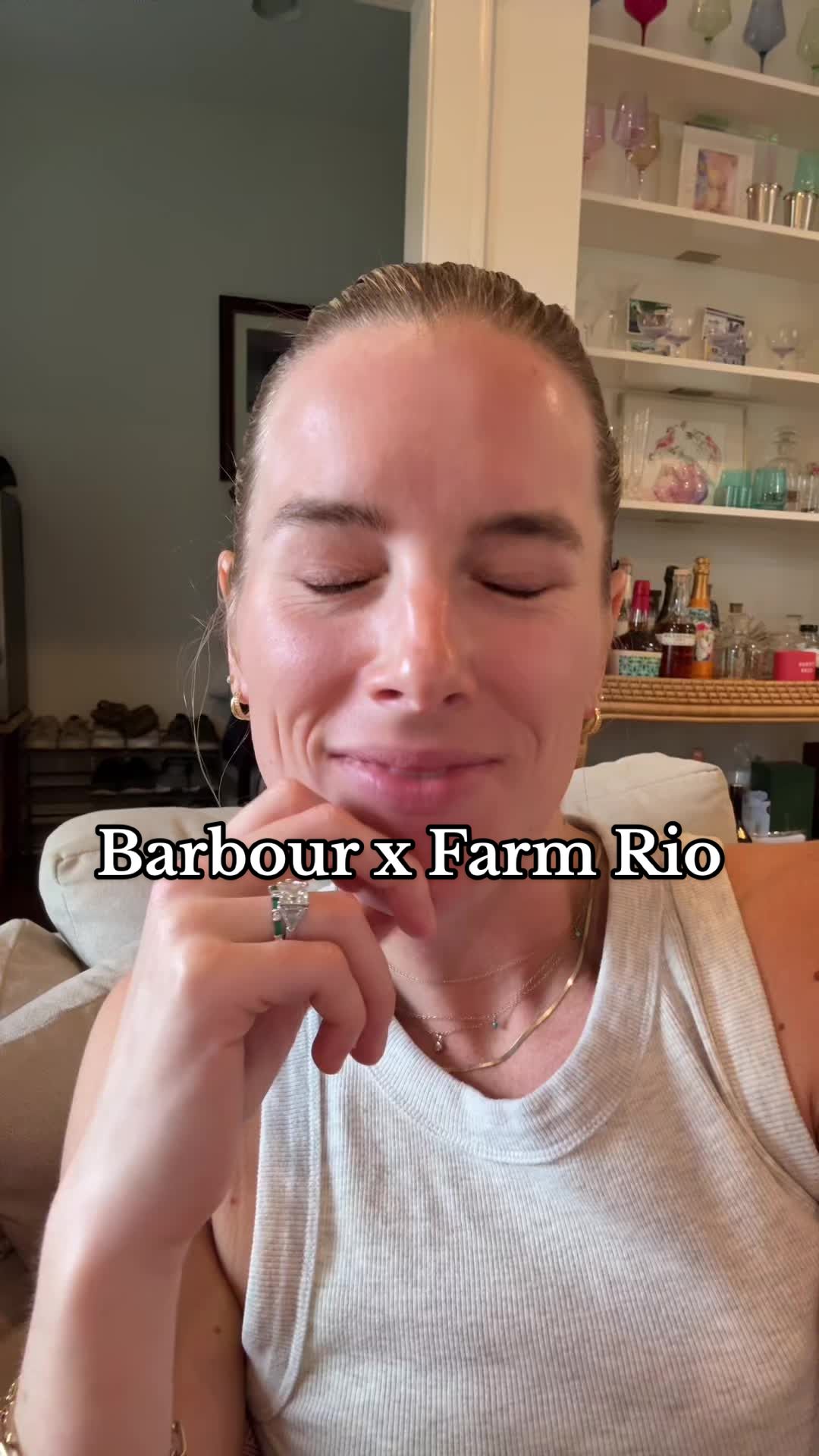 TikTok post by @elliottboals for FARM Rio. Caption reads: can’t stop thinking about the @Barbour x @FARM Rio....