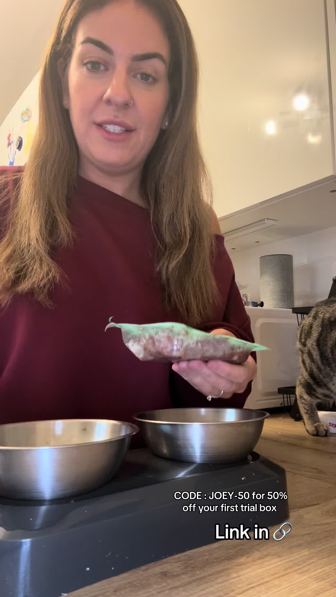 TikTok post by @daniellejohnstonex for KatKin. Caption reads: Joey's dinner routine 🍽️ He's loving @katkin.club....