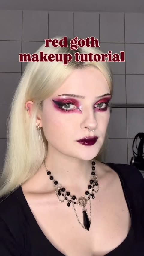 Instagram post by @gloomyfly666 for Essence Cosmetics. Caption reads: red goth makeup tutorial 🥀
.
products....