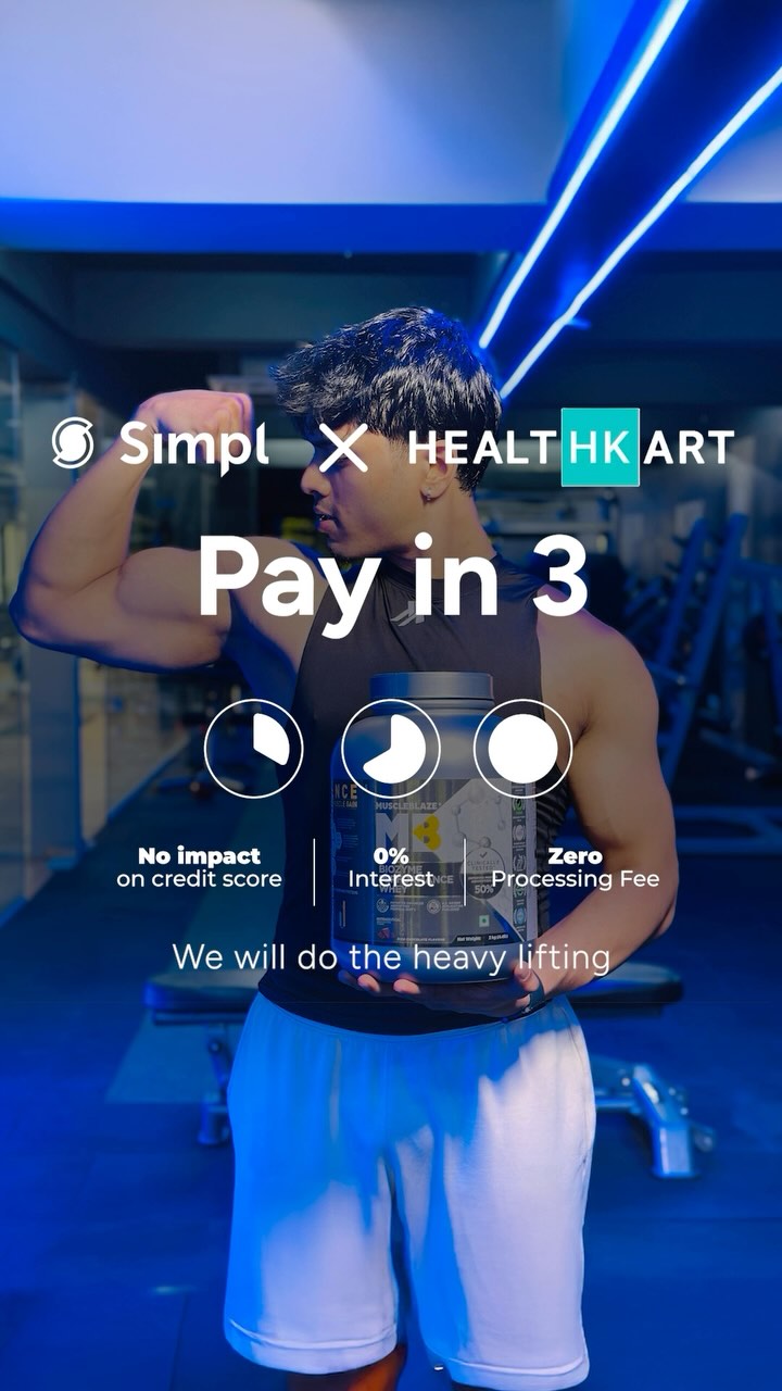 Instagram post by @getsimpl for HealthKart. Caption reads: Train Hard, Pay Smart! 🏋️‍♂️💰
Your fitness goals....