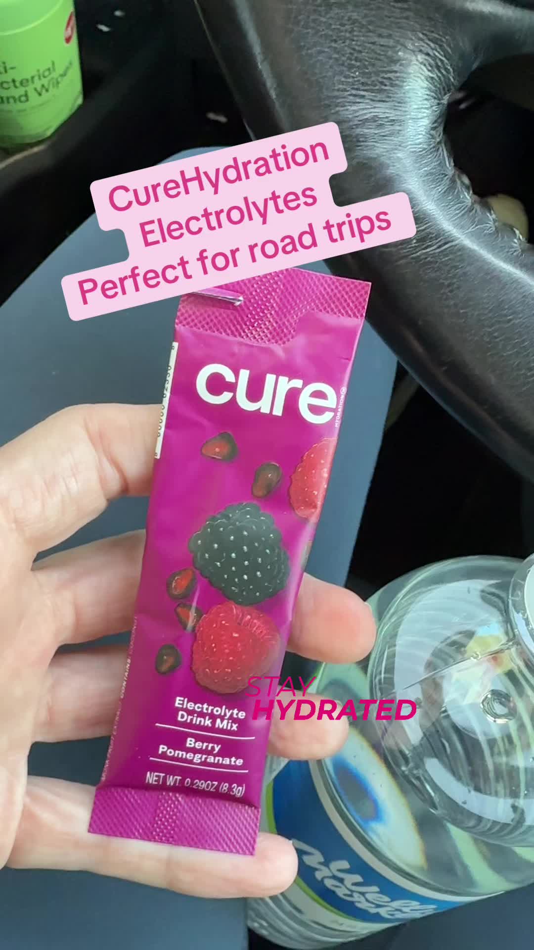 TikTok post by @cyclejojo for Cure Hydration. Caption reads: @CureHydration #electrolytes #roadtrip [...].