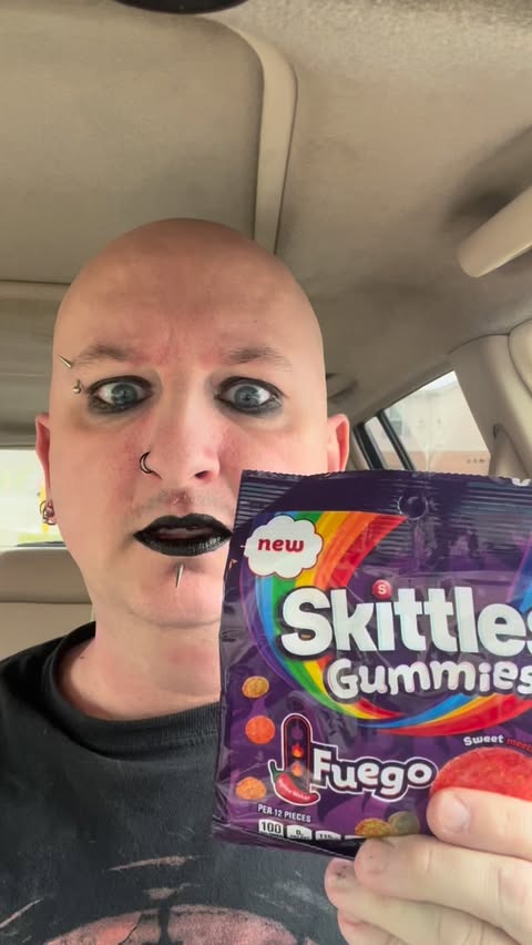 Instagram post by @thecookinggoth for SKITTLES. Caption reads: Skittles Gummies Fuego Gummy Candy Review [...].