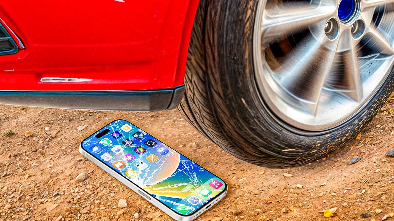 YouTube post by @Carmagheddon for Mobilfox. Caption reads: AUTO VS IPHONE 16..