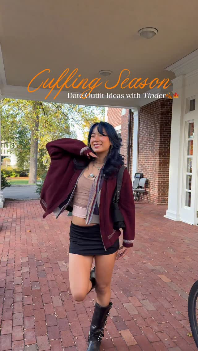 Instagram post by @gracenahx for Tinder. Caption reads: Romanticizing fall one outfit (and one date) at a....