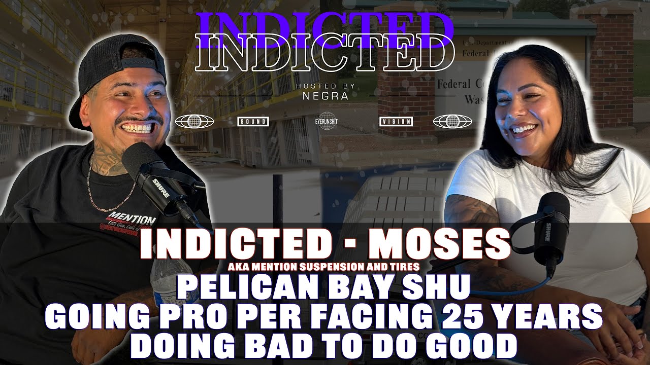 YouTube post by @IndictedTV for Shaka Wear. Caption reads: Indicted - Moses - Pelican Bay Shu, Pro Per Facing....