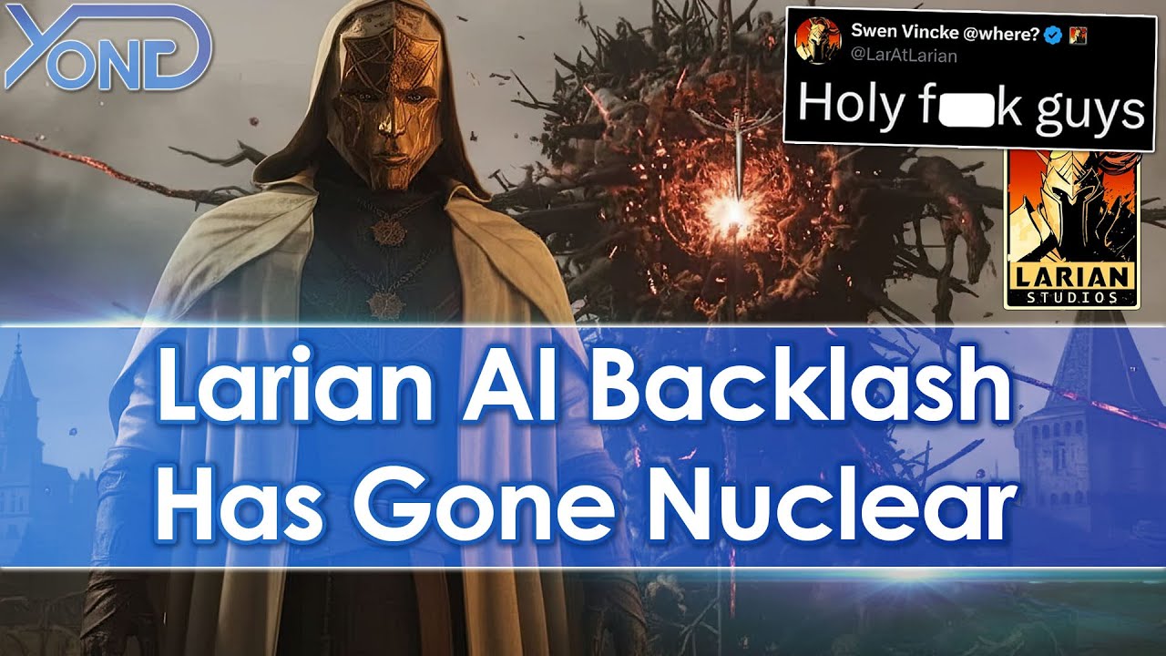 YouTube post by @YongYea for IGN. Caption reads: Larian Face Mass Revolt Over Gen AI, CEO Responds.