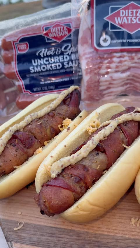 Instagram post by @grubwithjus for Dietz & Watson. Caption reads: Spicy Sausage Stuffed With Baked Beans & Wrapped....