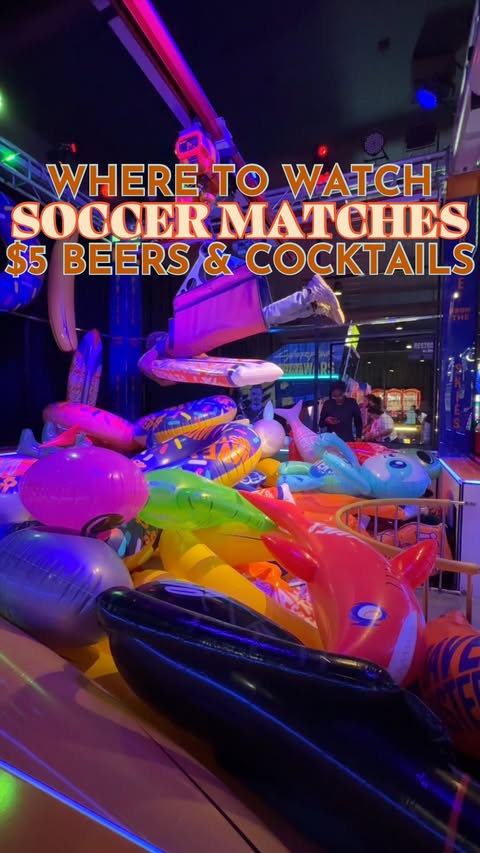 Instagram post by @houstonhotspots for Dave & Buster's. Caption reads: THE ULTIMATE SPOT TO WATCH THE SOCCER MATCHES 📺⚽....