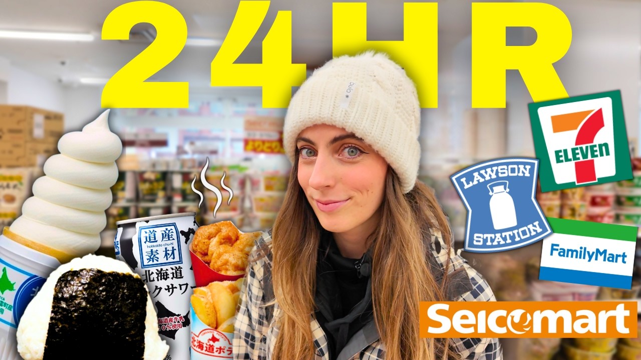 YouTube post by @seerasan for Sakura The Club. Caption reads: 24 HRS of ONLY Japanese Convenience Store Food!!!....