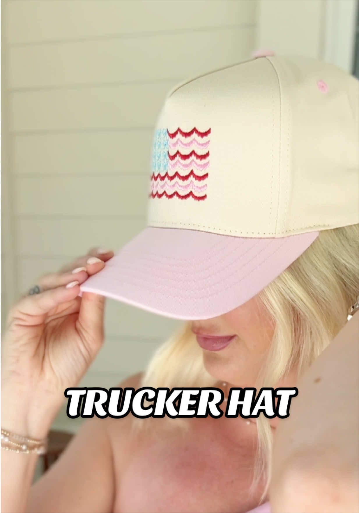 TikTok post by @itsbrandeeyall for United Monograms. Caption reads: @United Monograms PREPPY PATRIOT TRUCKER HAT!....