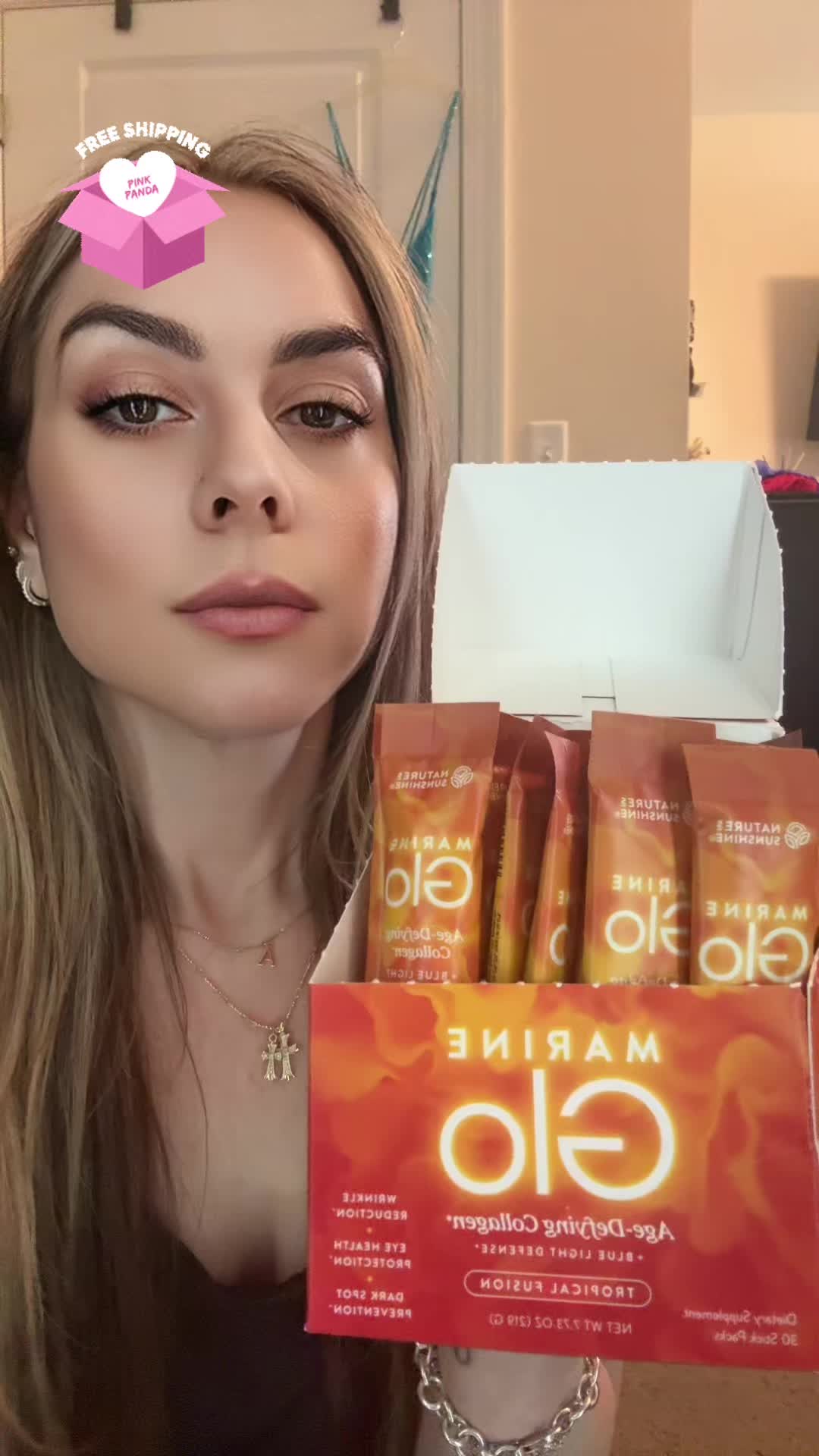 TikTok post by an influencer for Nature's Sunshine. Caption reads: New marine glo anti-aging collagen packets. They....