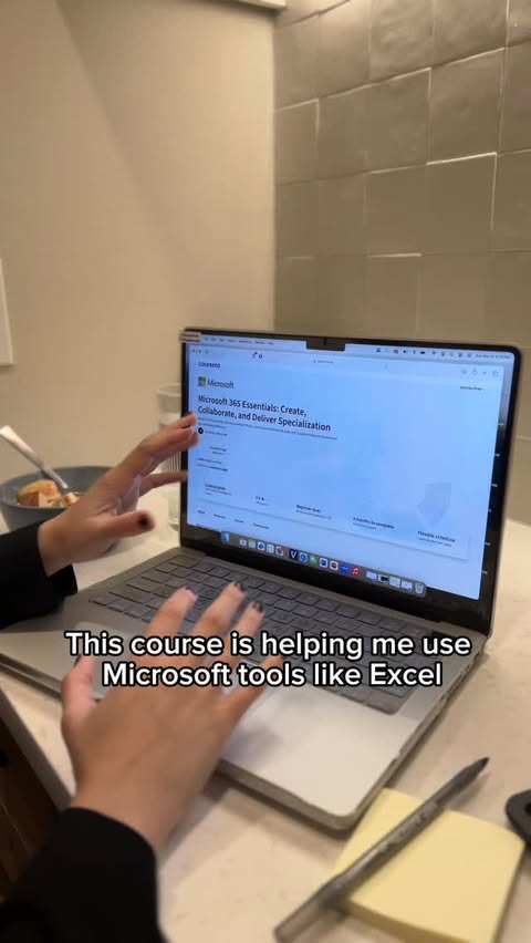 Instagram post by @healthadminlife for Coursera. Caption reads: I’m taking the Microsoft 365 Essentials....