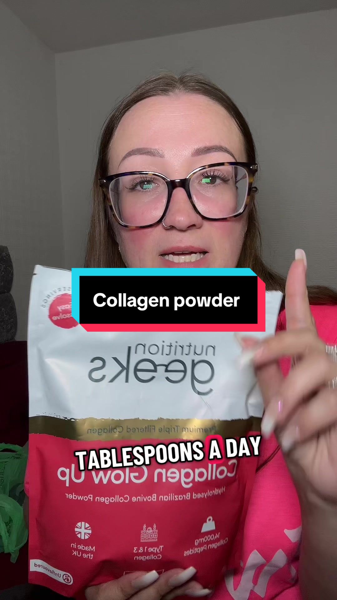 TikTok post by @clairelouise925 for Nutrition Geeks. Caption reads: ✨ Glow from the inside out ✨ Meet the Collagen....