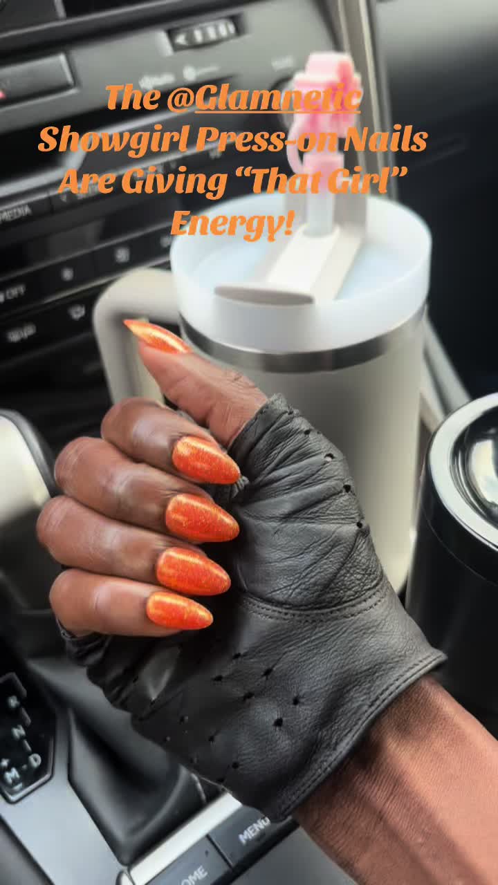 TikTok post by @poshmahoganyqt for Glamnetic. Caption reads: [...] TikTok Shop. #ShowgirlNails #GlamneticNails....
