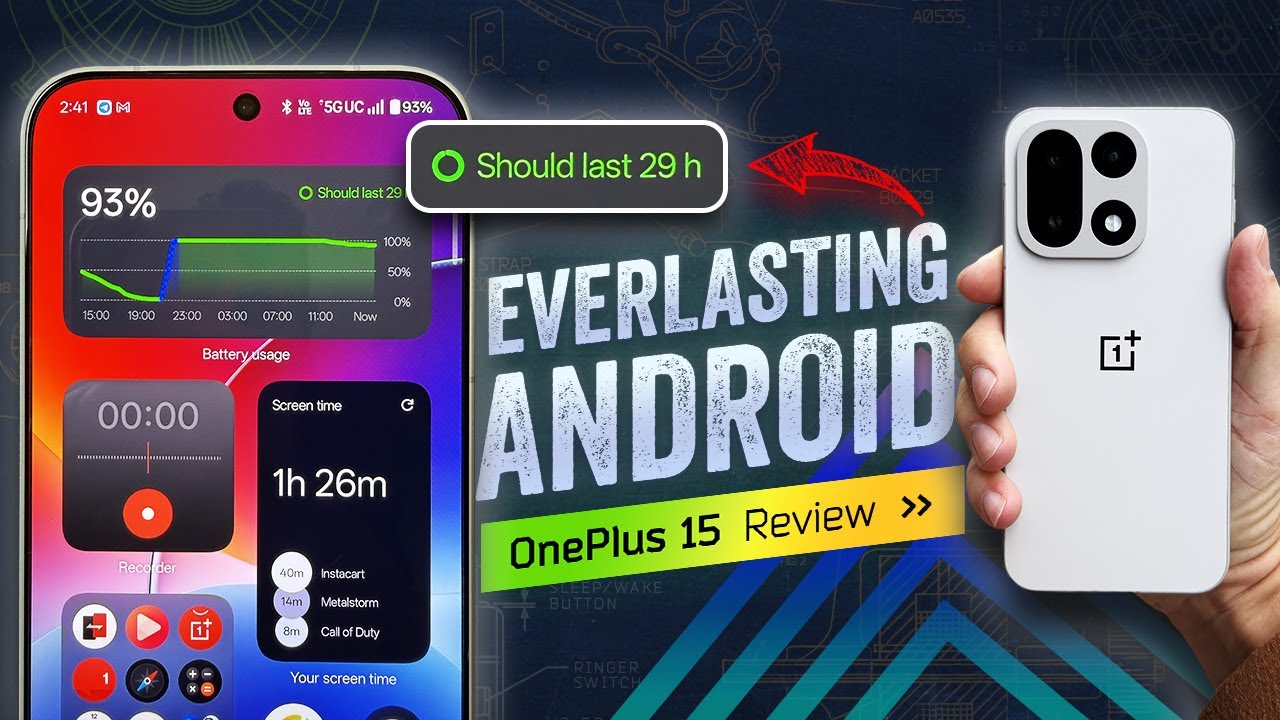 YouTube post by @TheMrMobile for Surfshark. Caption reads: OnePlus 15 Review: Hard To Kill.