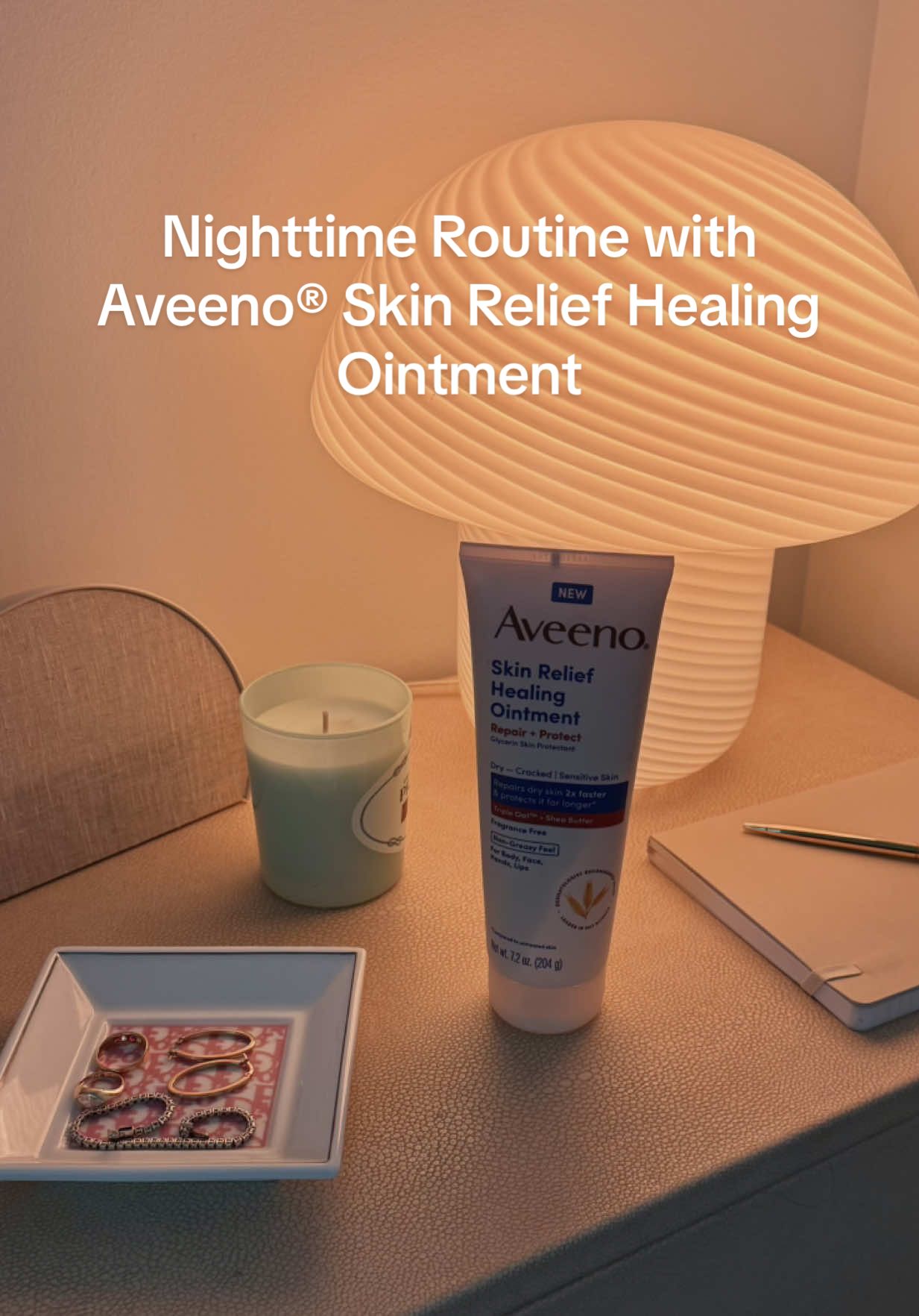 TikTok post by @daralevitan for Aveeno. Caption reads: So thankful I have the Aveeno® Skin Relief Healing....