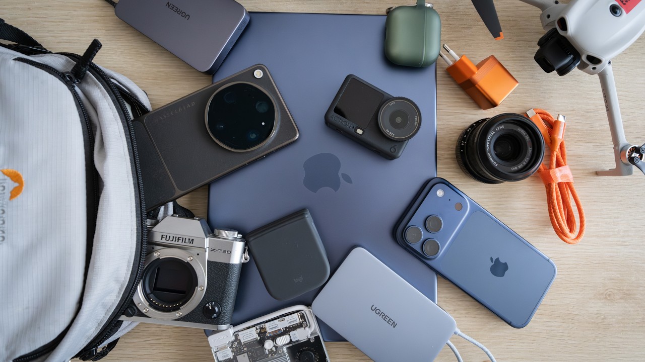 YouTube post by @Albert_Bermejo for Paperlike. Caption reads: My backpack (2026): tech, accessories and cameras!.