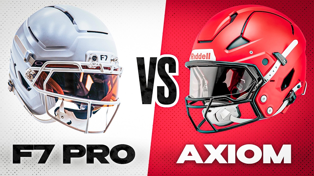 YouTube post by @Footballrs for SHOC. Caption reads: Schutt F7 Pro vs Riddell Axiom.