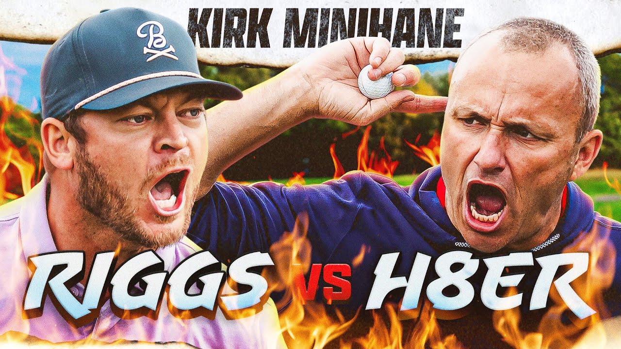 YouTube post by @ForePlayGolf for Golf Galaxy. Caption reads: Riggs vs. Kirk With A Crazy Minifan Gallery.