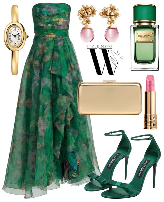 Instagram post by @styleinspo_wme for Saks Fifth Avenue. Caption reads: 💚✨🌸🥂🌟📣 @saks @dolcegabbana @gianvitorossi....