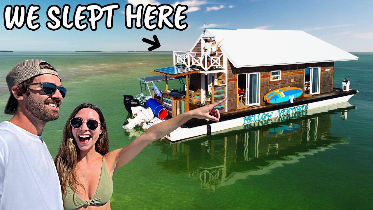 YouTube post by @AdamStew for VIVOBAREFOOT. Caption reads: We Lived Off-Grid on a Tiny Houseboat in the....