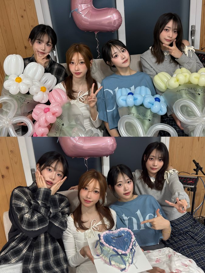 Instagram post by @qwerband_official for MUSINSA. Caption reads: 🎂🤍🩷🩵💚.