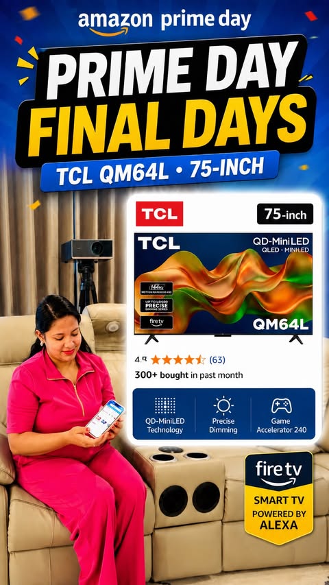 Instagram post by @glowing_bloom_star for TCL USA. Caption reads: Prime Day is almost over, and TCL QM64L QD-Mini....