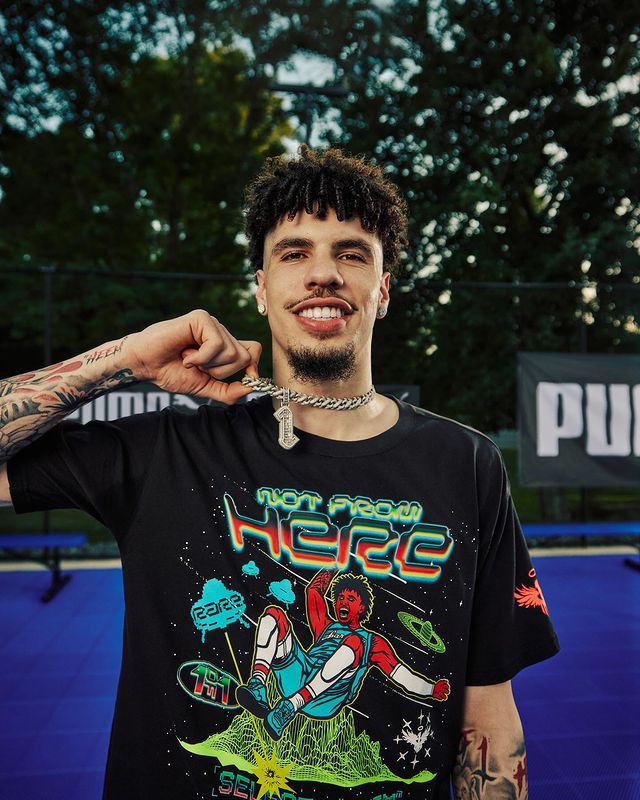 Instagram post by @melo for PUMA Basketball. Caption reads: See the game like @melo #ForeverFaster.