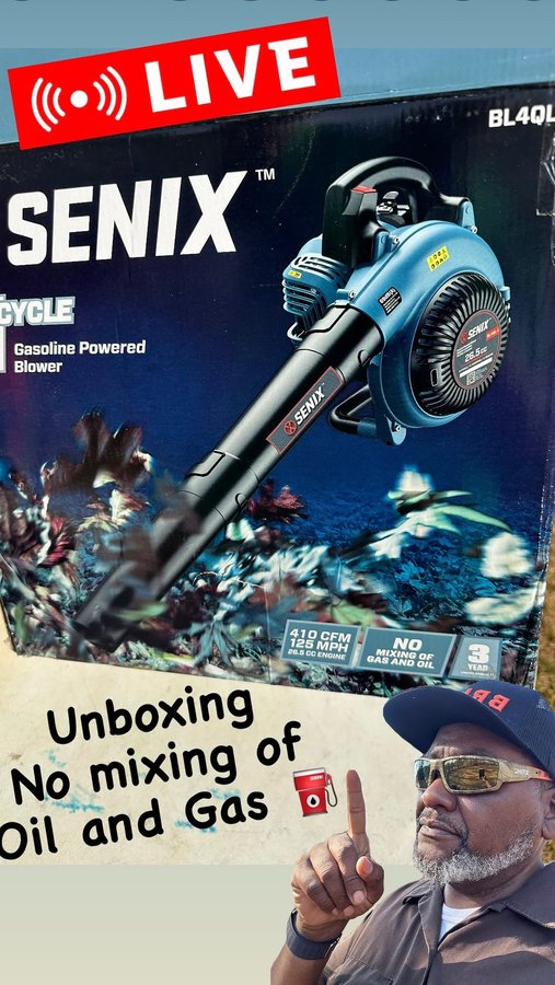 Instagram post by @bermudagrasscentral for SENIX Tools. Caption reads: [...] blower. NO GAS and OIL mix needed .....